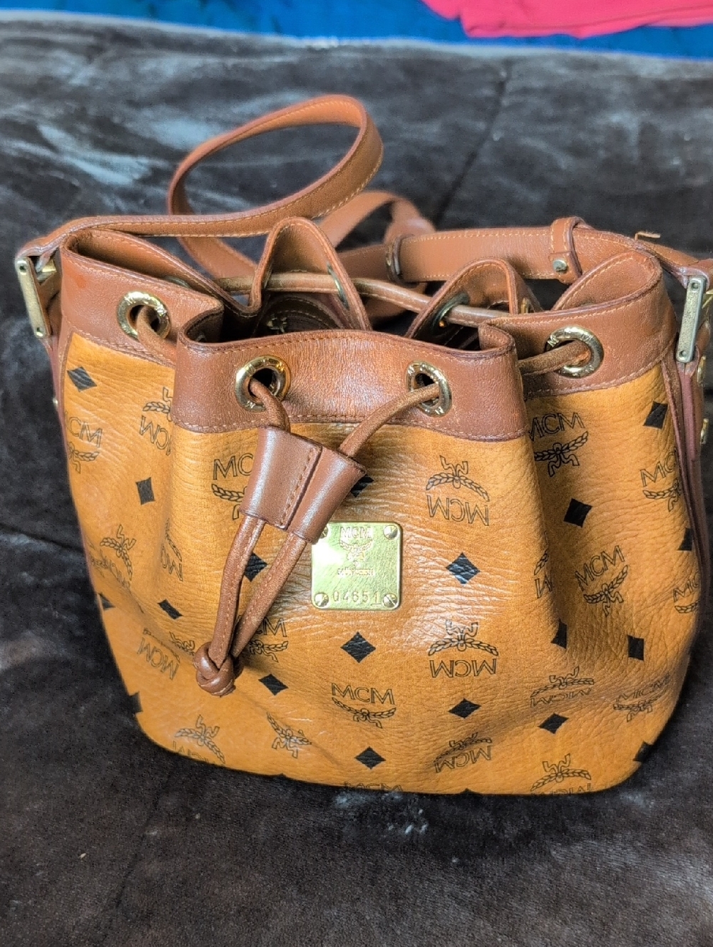MCM Cute Little Yellow Monogram Drawstring Bucket Bag with Brown Trim Its Good!